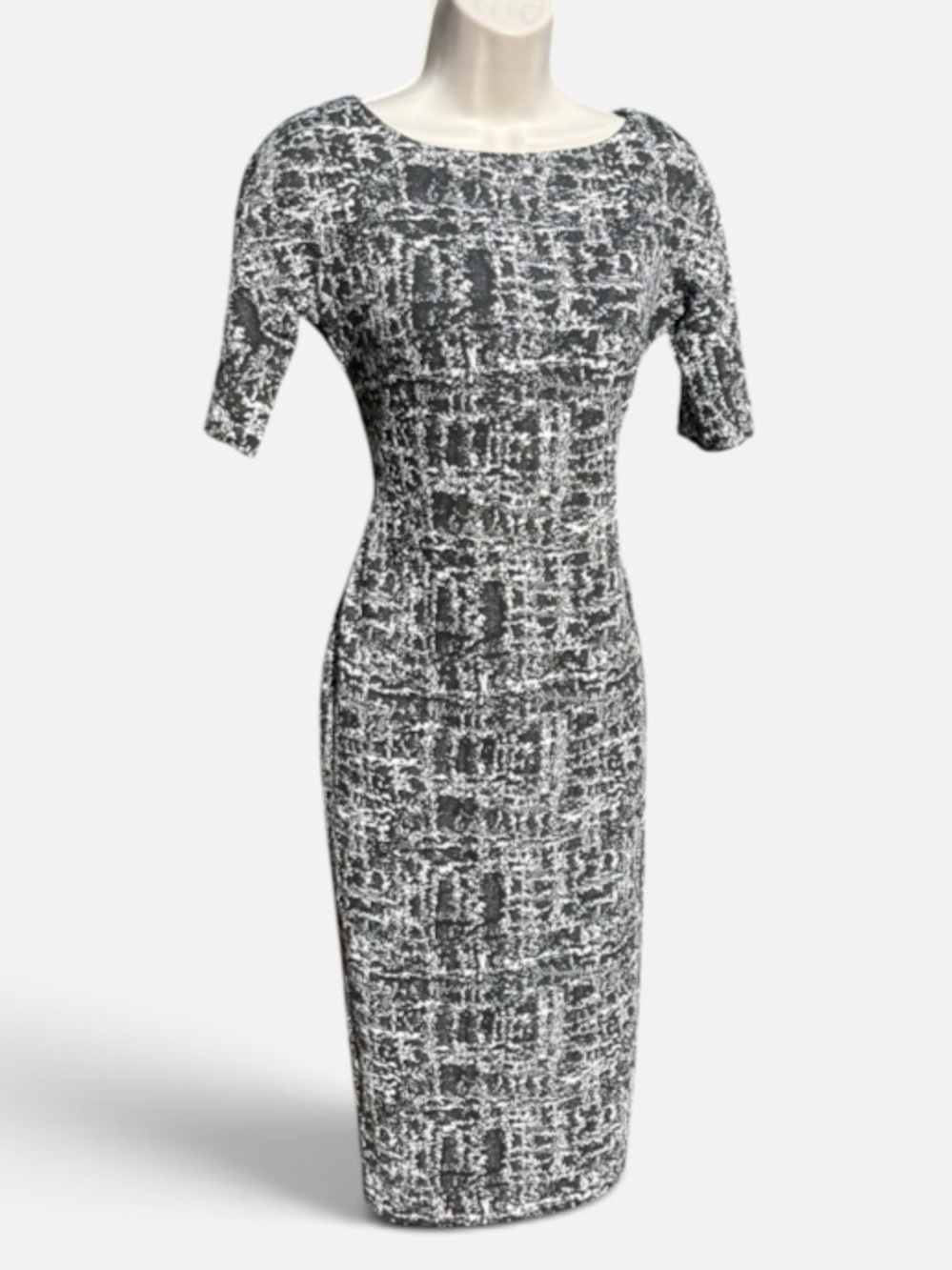 Maggy London Black and White Patterned Midi Sheath Dress